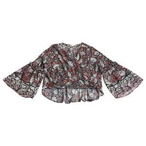 Love Stitch Top Women M Black Floral Metallic Wrap Cross Over Bell Sleeve Boho